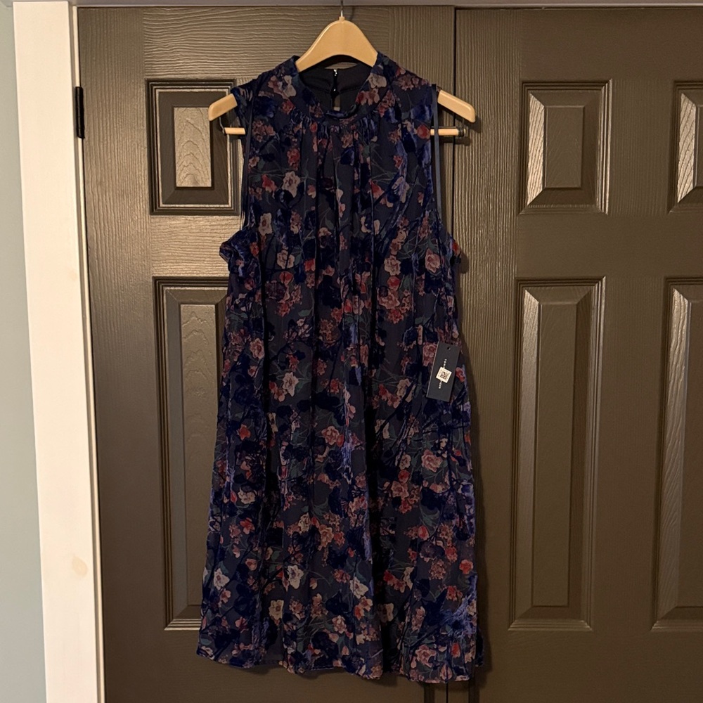 Tommy Hilfiger Navy and Pink Floral Midi Dress with velvet touches